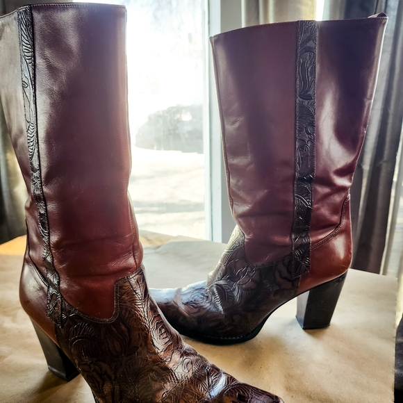 ANTONIO MELANI Brown Leather Embossed Knee-High Heeled Boots - Picture 2 of 8